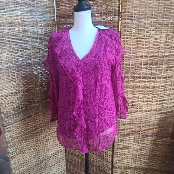 Soft Surroundings Chiffon Top NWT Dark Pink Sheer Lined SZ M High-Low Hem Ruffle - Picture 1 of 8